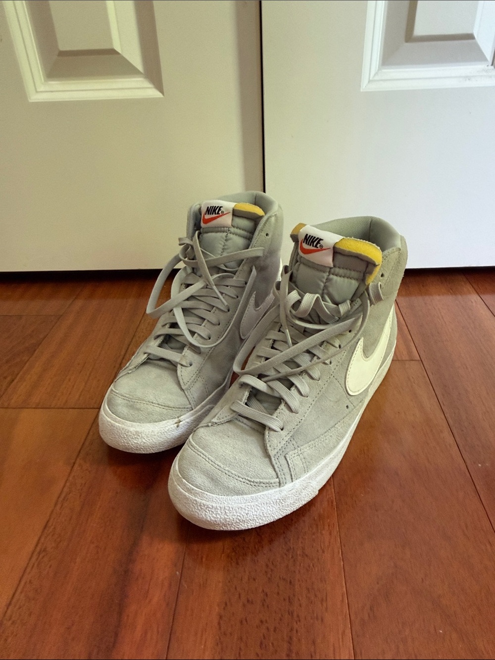 Nike Blazer Mid Suede Sneakers - Light Gray with Cream Swoosh and Yellow Tongue